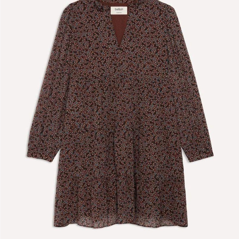 Ba&sh Brown V-Neck Bishop Sleeve Sundress